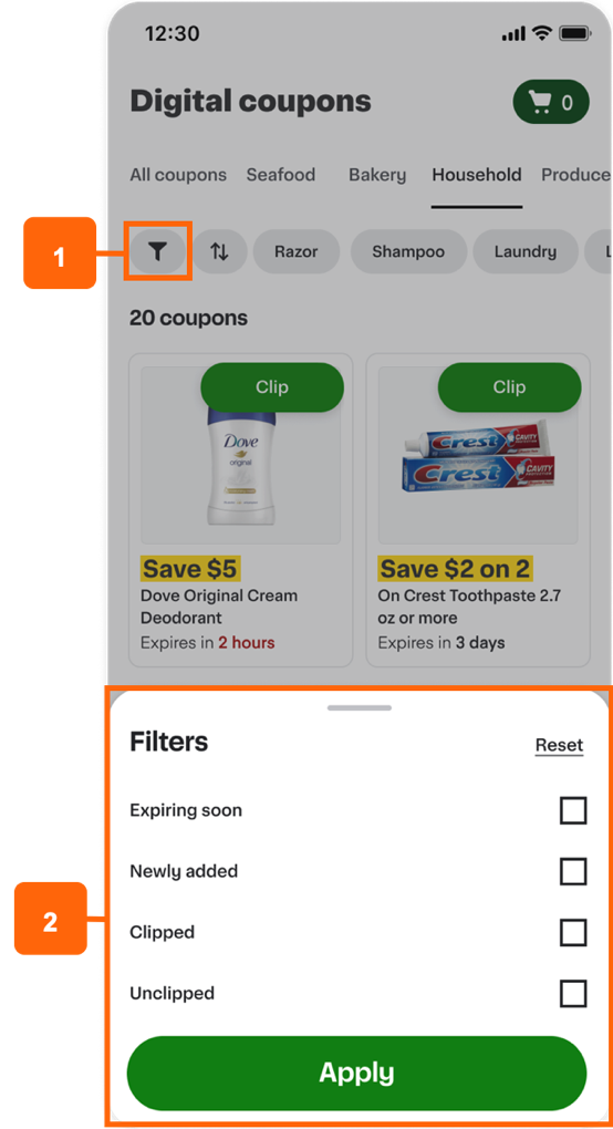 Shows a digital coupons screen with the filter button and open filters panel highlighted, with numbered callouts identifying the two highlighted areas.